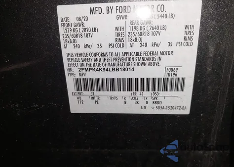 2020 Ford Edge Titanium z USA, uszkodzony, nr VIN 2FMPK4K94LBB18014